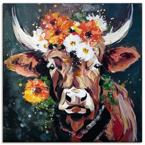 ARTLAND Wanddeko Leinwand Bilder Wandbild 70x70 cm Deko Modern Tiere Stier Kuh Blumen Kranz Farbe Porträt U5BI
