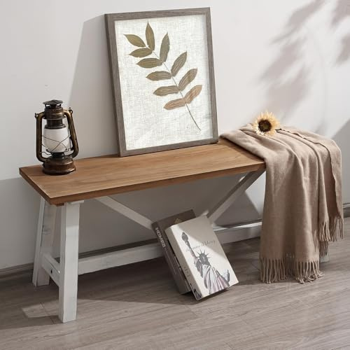 Wnutrees 43 Farmhouse Wood Bench, Narrow Bench, Long Bench Seat for Entryway, Living Room, Dining Room, Solid Wood, White
