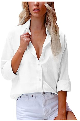 Camisa de lino con cuello en V, blusas de manga larga con bolsillo, blusas de algodón de color liso, blusa de verano cómoda para mujer, blanco, M