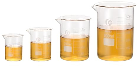 PATIKIL 50/100/250/500ml Low Form Glass Beaker, 4Pcs 3.3 Borosilicate Glass Beakers Graduated Measuring Cup with Spout for Lab Experiment, Cooking and Baking, Clear