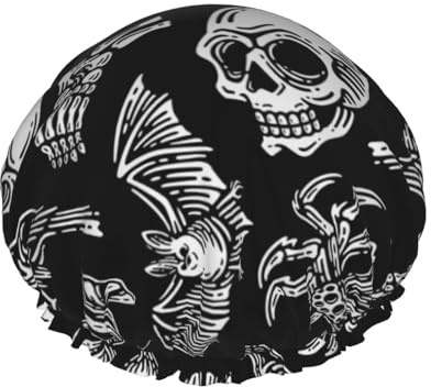 Bonnet de douche pour douche – Tête de mort, oiseau, chauve-souris, araignée, grand bonnet de douche réutilisable, imperméable, double couche pour femme, bonnet de douche pour douche avec doublure en