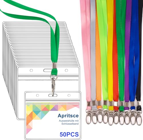 Apritsce Porta Tarjetas Colgante, 50PCS Plástico Porta Tarjetas con Cordones, Transparente Identificadores Personales Funda Tarjeta Identificación, para Escuela Festival Evento(Vistoso, Horizontal)