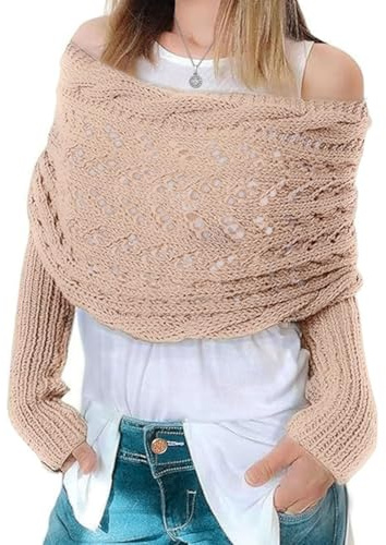 Feelorna Sciarpa multifunzionale con maniche da donna, lunga calda a maglia, maglione con maniche, sciarpa invernale alla moda, morbida bohémien Pashmina sciarpa da donna, cachi, Taglia unica