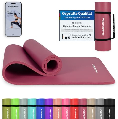 MSPORTS Gymnastikmatte Premium – rutschfeste Fitness- & Yogamatte | Hautfreundlich - inkl. Tragegurt, Übungsposter & Workout-App - 190 x 100 x 1,5 cm - Berry