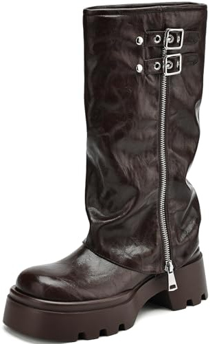 TEAIEUI Knee High Boots Women Chunky Platform Moto Riding Boots Slouchy Fold Over Wide Calf Motorcycle Biker Boots for Women with Fashion Buckle Brown 8.5