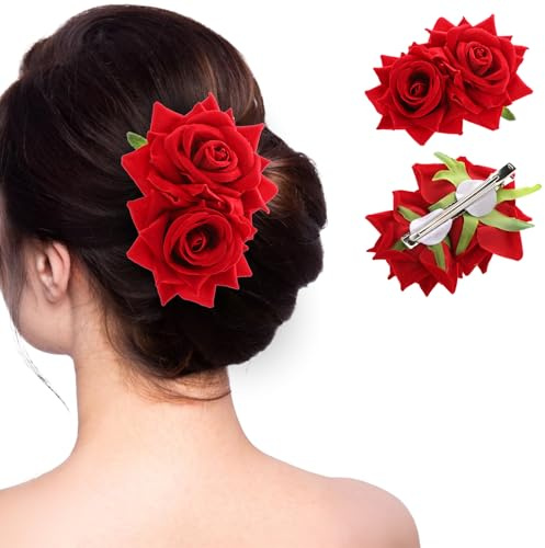 Ptwola Rosen Haarspange Haarclip Rot Blume Brosche Haarschmuck Haarnadeln Haarklammer für Party Hochzeit Halloween Karneval Maskerade Make up Kopfschmuck für Frauen Mädchen | Haarklammer, für Party, Hochzeit, Halloween, Karneval, Maskerade, Make up, Kopfschmuck, für Frauen, Mädchen