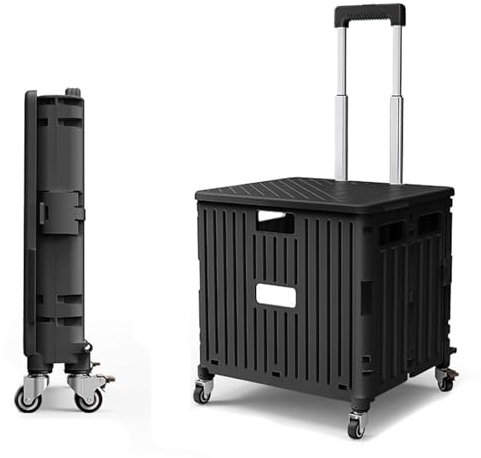 Carrello portatile pieghevole in plastica con coperchio sicuro, carrello della spesa da 45 litri su ruote per giardino, stoccaggio e viaggi, carriola multiuso per colore nero