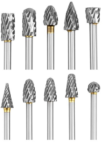 QWORK® 10 Pieces Rotary Deburring Set, Double Cut Carving Bits with 1/8 Shank, for DIY, Woodworking, and Metal Carving
