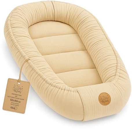 Nido suave de Muselina - transpirable para Recién Nacido portátil y mullido 50x90 cm - acogedor calentito para Cuna Moisés Cochecito Habitación Bebe y Viaje Beige