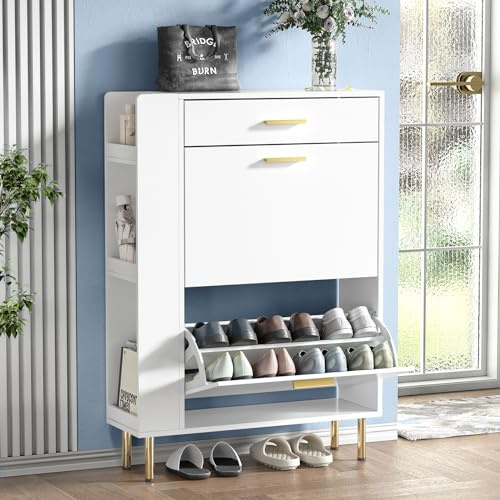 Skokliz Shoe Storage Cabinet, Modern Shoe Cabinet with 2 Flip Hidden Doors and Drawer, Wooden Narrow Shoe Storage with Adjustable Shelves For Hallway, Entryway, Living Room 75x24x105.5cm (White)