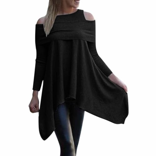 Damtunika, axelfri, långärmad, formell tunika, solid till leggings, avslappnad långärmad topp för kvinnor, lång T-shirt topp