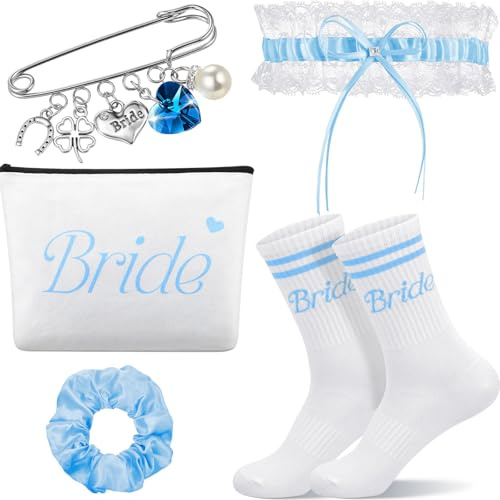 Sintege 5 Pcs Something Blue for the Bride Blue Bridal Gift Accessories Set | Blue Wedding Garter Socks Bridal Pin Hair Band Makeup Bug, for Bride to Be Groom Women Ladies, Bridal Shower Wedding Day Gift