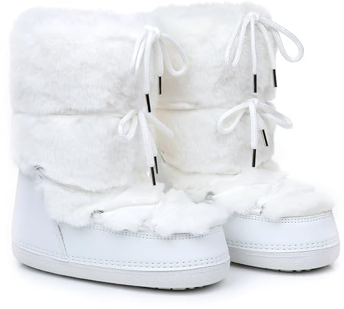 Faux Fur Snow Boots for Women,Furry Fuzzy Fluffy Womens Boots Lace-up Winter Warm Fur Lined Mid-Calf Non-Slip Ski Boots (white, Adult, Women, 8, Numeric Range, US Footwear Size System, 9, Medium)