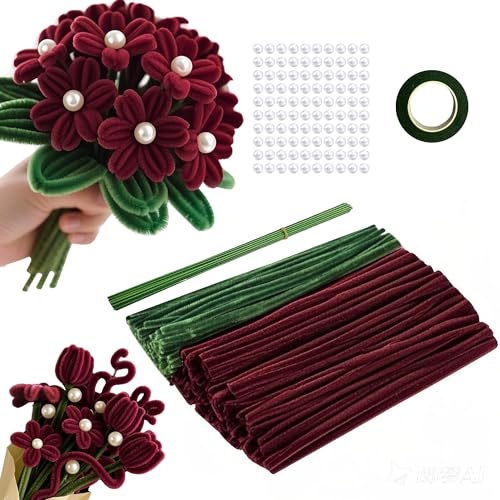 220 Stück Pfeifenreiniger zum Basteln, 2 Farben Pfeifenreiniger Blumen, mit Blumendraht,Perlen für Blumenstrauß DIY Basteln,Bunt Plüschdraht DIY Craft Projekte Rosensträuße(Grün,Rot)