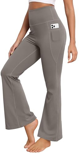 GRECERELLE Pantalon de yoga à jambe large pour femme - Taille haute élastique avec poches latérales - Opaque - Contrôle du ventre - Pantalon de travail, course à pied et marche pour femme, Gris clair
