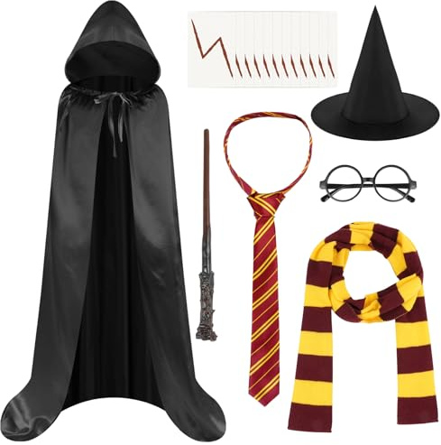 AUYAO Capa Negra con Capucha, Set de 7 Disfraz de Mago Cosplay para Niños, Sombrero, Gafas, Bufanda, Corbata, Varita Mágica y Tatuajes Adhesivos, para Fiesta Carnaval Navidad Halloween Mundial Libro