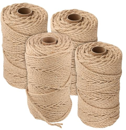 SOUJAP Lot de 4 rouleaux de ficelle de jute de 4 mm, 100 m de corde de chanvre torsadée pour travaux manuels, emballage cadeau, empaquetage et jardinage