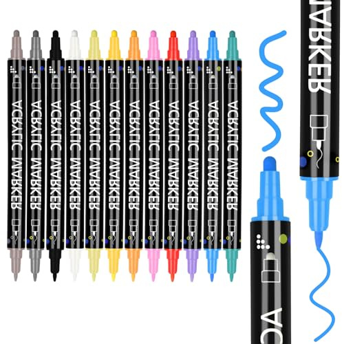 Aenienoe 12 Farben Acrylstifte für Steine Wasserfest Steine Bemalen Acrylic Marker Set Dual Tip Multimarker Acrylstifte für Holz Papier Glas Keramik Basteln Erwachsene