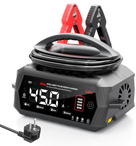 Haisito Chargeur de batterie de voiture 45 A 6 V/12 V/24 V avec écran LCD, entretien de la batterie, charge de maintien et désulfatation pour AGM, lithium, LiFePO4, plomb-acide (moto, camping-car