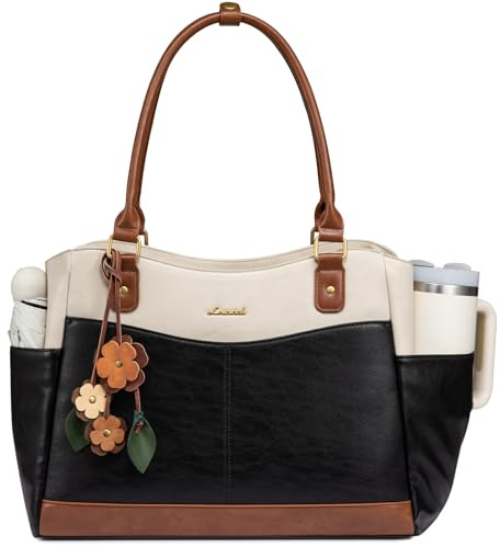 LOVEVOOK Laptop Bag for Women, 15.6inch Original Vintage Work Tote Bag Computer Office Teacher Bag with Large Cup Holder, Black-Beige-Brown