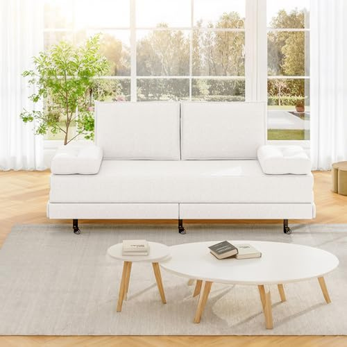 SUNFECILI Ausziehbar Schlafsofa 90 x 200 cm, Zweisitzer Sofa mit Schlaffunktion, Gepolstertes Sofabett 180x200 cm mit Lattenrost, Einzelbett Tagesbett Ausziehbar zum Doppelbett (Weiß)