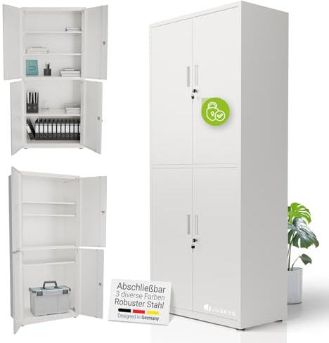 Juskys Aktenschrank aus Metall – 180x80x40 cm abschließbarer Büroschrank aus Stahl mit 3 verstellbaren Einlegeböden, höhenverstellbare Füße - Weiß