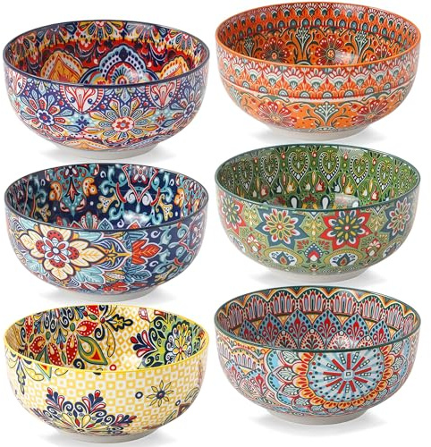 NTKOW Bohemian 6in Ceramic Müslischalen aus Porzellan,6-teiliges Schüsselset,Suppenschalen, Salatschüssel,Pastaschalen,Schalen Set,dessertschalen,Mehrfarbig