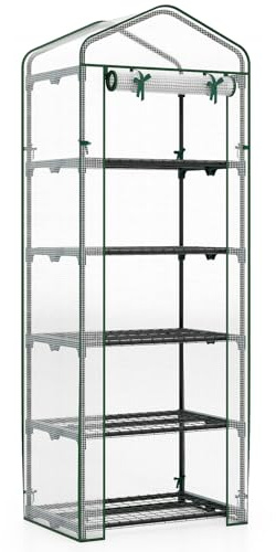 GOPLUS Serre de Jardin PE avec Étagère 5 Niveaux, 69x48x190CM, Mini Serre de Jardin Bâche Renforcée 130g/m² pour Légumes Plantes Fleurs Bâche Renforcée, Châssis en Acier, Extérieur, Patio, Balcon