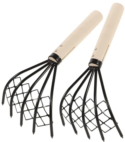 LIFKICH Rastrello con Manico in Legno Antiscivolo in Acciaio al Carbonio 2 Pezzi per Scavo da Spiaggia e Raccolta Frutti di Mare con Rete per Vongole, Ostriche e Gusci