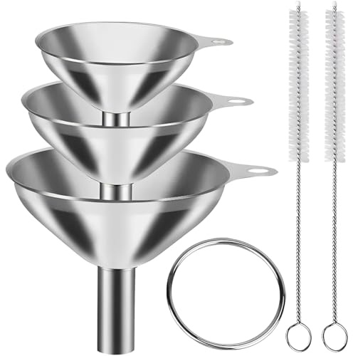 ZZHBOO Set di 3, Perdita di Olio, Mini Imbuto in Acciaio Inox, con Spazzola Integrata, Ideale per Trasferire Olio, Vino, Liquidi e Salse in Piccole Bottiglie