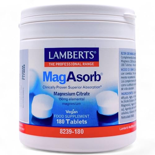 Lamberts MagAsorb (Citrato de Magnesio) 180 Tabletas (Formato Ahorro) - 150mg de Magnesio Elemental - Alta Absorción y Biodisponibilidad - Función Muscular, Huesos y Energía