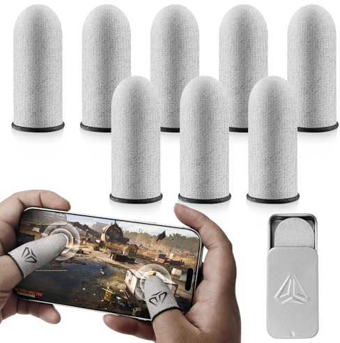 Feirdhoo 8 Stück Gaming Finger Sleeves, Touchscreen Fingerhülsen mit Metall Aufbewahrungsbox, Atmungsaktiv & Schweißfest, Fingerabdeckung für Mobile Gaming