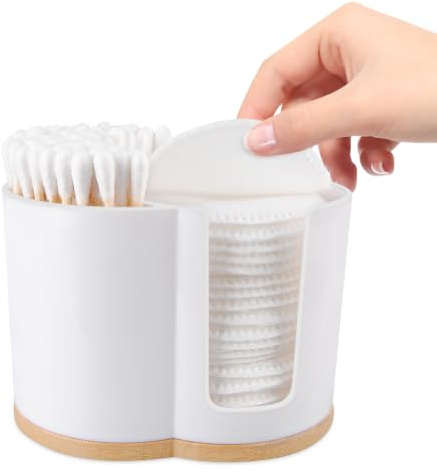 PENGARO Contenedor de bastoncillos de algodón, 2 compartimentos, dispensador de almohadillas de algodón, soporte para bastoncillos de algodón, para cosméticos, cuarto de baño, organizador de tocador