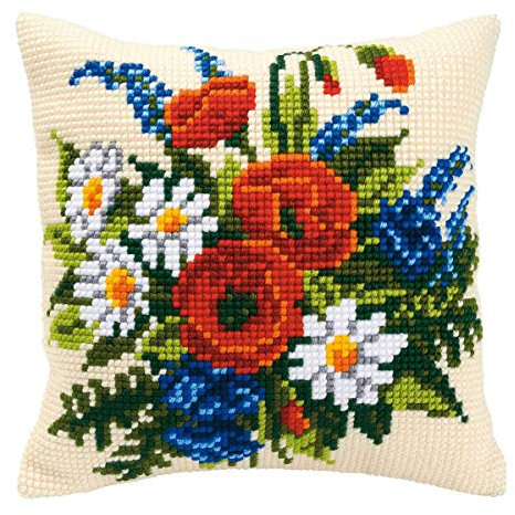 Vervaco Kreuzstich Stickpackungen Kissen Stickerei Set Anfänger Vorgedruckt Feld Blumen Blumenstrauß DIY Set Kreativ Set Für Erwachseneca. 40 x 40 cm Bastelset Handwerker Haus Dekoration