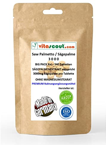 Saw Palmetto Extrakt – 540 Tabletten, Sägepalme 3000 – Höchste Dosierung – Ohne Magnesiumstearat – Suchbegriff ist oft: Prostatagesundheit