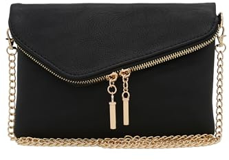 FashionPuzzle Envelope Wristlet Clutch Crossbody Bag with Chain Strap (Black)
