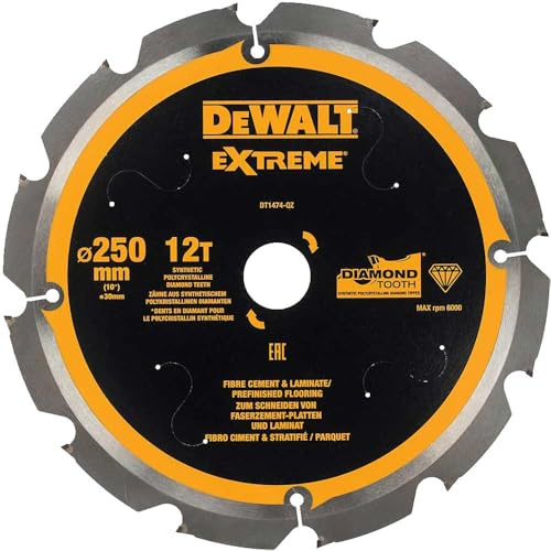 Dewalt Faserzement-Kreissägeblatt DT1474 (250/30 mm, 12 Zähne, 12°, speziell für Faserzement-Platten und Laminat entwickelte Kreissägeblätter) 1 Stück