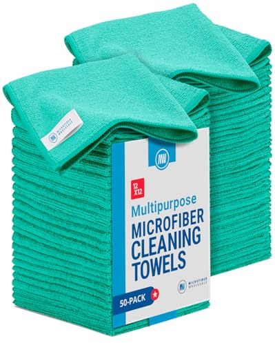 Microfiber Wholesale 12 x 12 Cleaning Cloths (50 Pack) - Reusable Towels, Wash Rags, Dust Cloth, All-Purpose: Kitchen, Dish, Cars, Shop, Glass (Green)