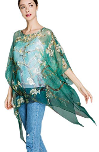 Prettystern Femme Tunique D'été Blouse Plage en Soie Mousseline Poncho Taille Unie Branches d'amandier