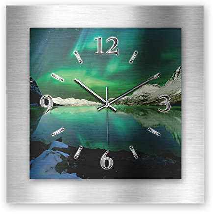 Kreative Feder 3D Designer-Wanduhr aus gebürstetem Aluminium leise Wanduhr ohne Ticken quadratisch 40x40cm (Nordlichter, leises Funkuhrwerk)