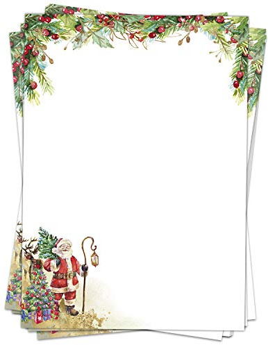 Weihnachtspapier A4 | Weihnachtsbriefpapier beidseitig bedruckt, 50 Blatt | Premium Briefpapier Weihnachten mit Weihnachtsmann | weihnachtliches Motivpapier Schreibpapier Druckerpapier 90 g/qm