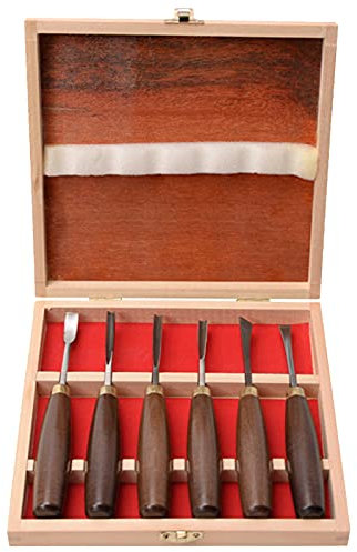 Lot de 6 burins à main pour sculpter le bois - Gouges et burins - Pour débutants, amateurs et professionnels - Manches en hêtre, lames en acier au manganèse 65 mm et étui en bois