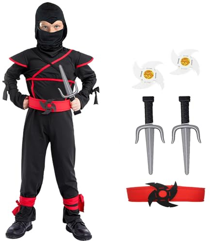 Costume Ninja pour Enfants, Costumes Ninja pour Garçons 4-6 Ensemble de Costume de Luxe avec Accessoires en Mousse Ninja Jouets pour Enfants Habillage Ninja pour Garçons Tenue Kung Fu Halloween Cadeau