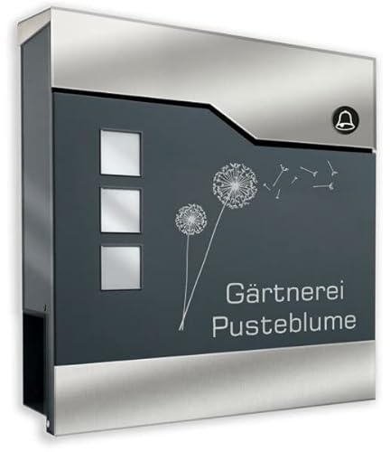 Design-Briefkasten aus pulverbeschichtetem Stahl ANTHRAZIT RAL 7016 mit FUNKKLINGEL und Beschriftung (mit Zeitungsrolle und 3 Sichtfeldern)