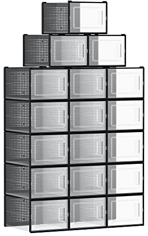 SONGMICS Schuhboxen, 18er Set, Schuh-Organizer aus Kunststoff, faltbar und stapelbar, für Schuhe bis Größe 46, transparent-schwarz LSP007B18