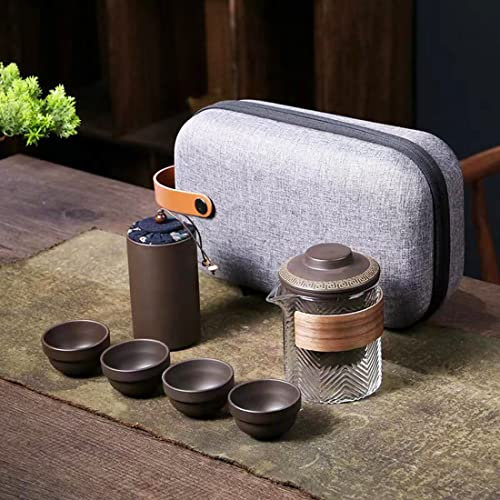 Travel Gongfu - Juego de té de cerámica chino Kung Fu 1 tetera con 4 tazas de té, organizador de té, bolsa portátil para viajes, exteriores, hogar, oficina, picnic