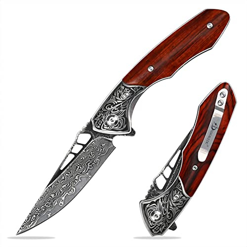 SDOKEDC Messer Damast Klappmesser - VG10 Damast Stahl Outdoor Taschenmesser mit Holzgriff, Scharfes EDC Survival Messer für Männer, Camping Angeln Bushcraft Rettungsmesser (SD618DE)