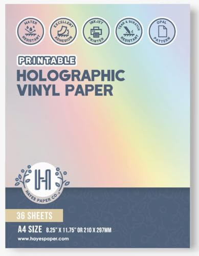 Hayes Paper Co. Vinyl Sticker Papier - 36er Pack A4 bedruckbares Vinyl Aufkleberpapier - Holografisches Vinylpapier kompatibel mit Tintenstrahldruckern - reißfest und kratzfest - Opalmuster
