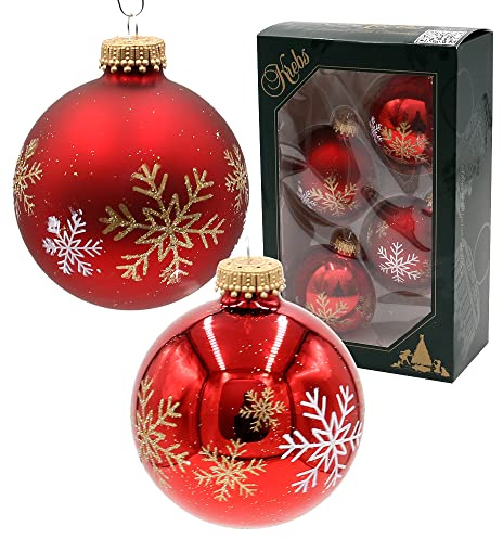 Dekohelden24 Lauschaer - Juego de 4 Bolas de Cristal en Rojo Mate y Brillante, Decoradas a Mano con Copos de Nieve, con Corona Dorada, diámetro Aprox. 7 cm