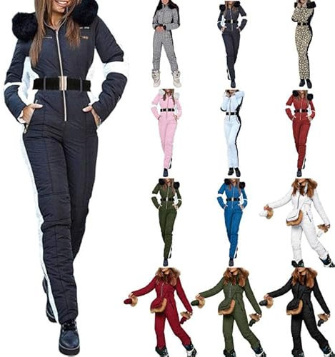 IQYU Skianzug Einteiler Damen: Schneeanzug Erwachsene Damen Winter Warm Schneeoverall-Skijacke Mit Fellkapuze Retro Skianzug Wasserdicht Skioverall-Skianzug Overall-Skisuit-Snowboard-Jumpsuit